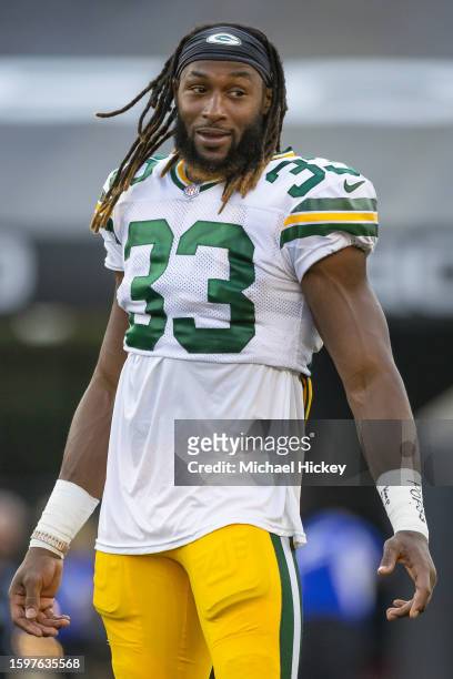 Running back Aaron Jones of the Green Bay Packers is seen during the game against the Cincinnati Bengals at Paycor Stadium on August 11, 2023 in...