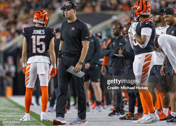 Head coach Zac Taylor of the Cincinnati Bengals is seen during the game against the Green Bay Packers at Paycor Stadium on August 11, 2023 in...