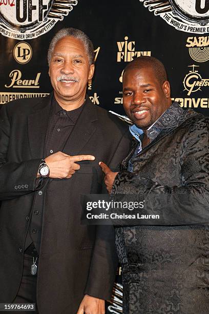 Drummers Zigaboo Modeliste and John Blackwell arrive at Guitar Center's "Drum Off" grand final at Club Nokia on January 19, 2013 in Los Angeles,...