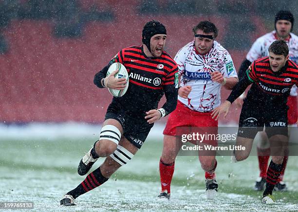 Will Fraser of Saracens in action during the Heineken Cup match between Saracens and Edinburgh Rugby at Vicarage Road on January 20, 2013 in Watford,...