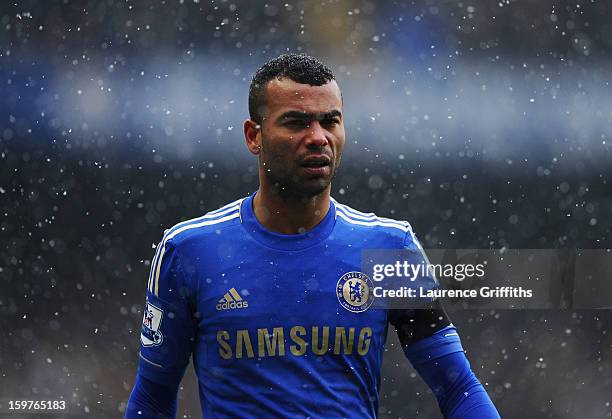 Ashley Cole of Chelsea looks through the snow during the Barclays Premier League match between Chelsea and Arsenal at Stamford Bridge on January 20,...