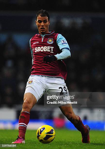 Marouane Chamakh of West Ham United runs with the ball during the Barclays Premier League match between West Ham United and Queens Park Rangers at...