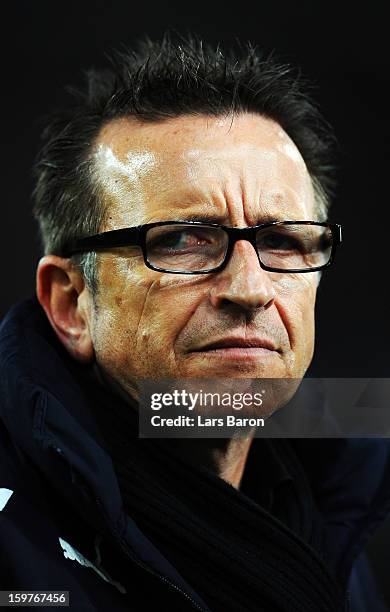 Head coach Norbert Meier of Duesseldorf is seen prior to the Bundesliga match between Fortuna Duesseldorf 1895 and FC Augsburg at Esprit-Arena on...