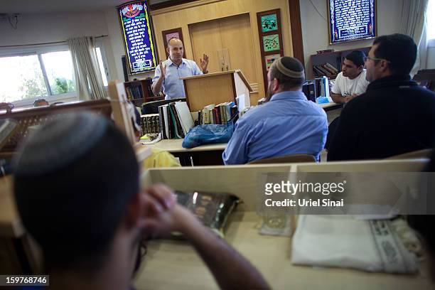 Naftali Bennett, head of HaBayit HaYehudi Party, the Jewish Home party, campaigns at a pre-army training school at the Shapira Center on January 20,...