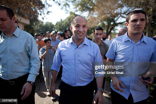 Naftali Bennett, head of HaBayit HaYehudi Party, the Jewish Home party, campaigns at a pre-army training school at the Shapira Center on January 20,...