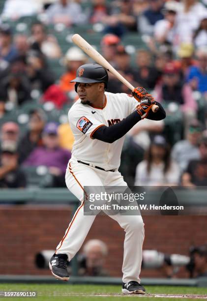 LaMonte Wade Jr. #31 of the San Francisco Giants bats against the Arizona Diamondbacks in the bottom of the first inning at Oracle Park on August 03,...