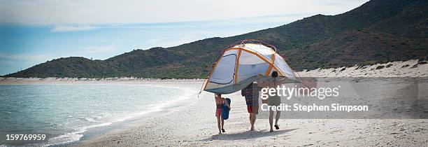 family setting up camp on wide empty beach - isla espiritu santo stock pictures, royalty-free photos & images