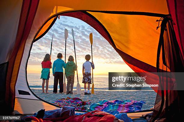 sunrise, kids on the beach with kayak paddles - isla espiritu santo stock pictures, royalty-free photos & images