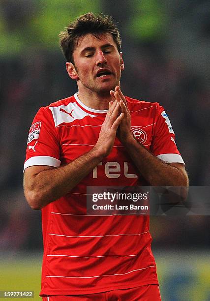 Stefan Reisinger of Duesseldorf reacts during the Bundesliga match between Fortuna Duesseldorf 1895 and FC Augsburg at Esprit-Arena on January 20,...