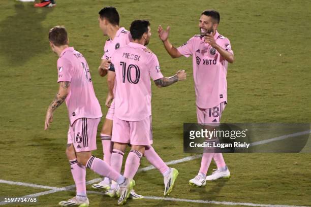Lionel Messi of Inter Miami CF celebrates his goal with Jordi Alba in the second half during the Leagues Cup 2023 Round of 16 match between Inter...