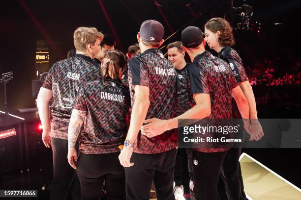 Team Liquid huddles onstage at VALORANT Champions Los Angeles Group Stage at the Shrine Expo Hall on August 6, 2023 in Los Angeles, California.