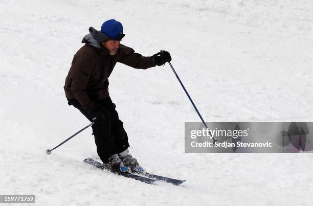 Film director Emir Kusturica skiing during day 3 of the Kustendorf Film Festival on January 20, 2013 in Drvengrad, Serbia.
