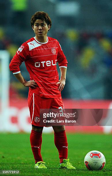 Genki Omae of Duesseldorf is seen during the Bundesliga match between Fortuna Duesseldorf 1895 and FC Augsburg at Esprit-Arena on January 20, 2013 in...