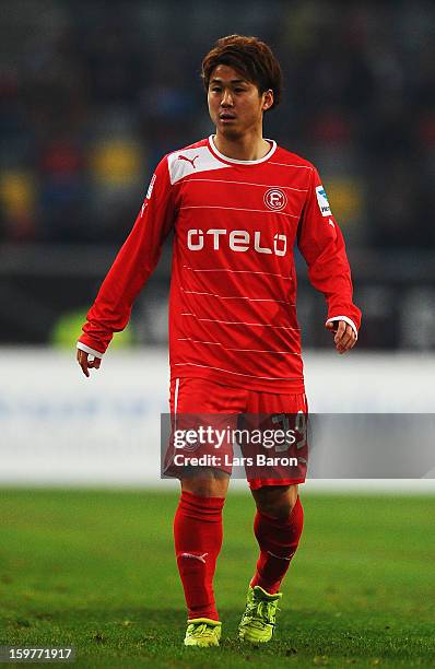 Genki Omae of Duesseldorf is seen during the Bundesliga match between Fortuna Duesseldorf 1895 and FC Augsburg at Esprit-Arena on January 20, 2013 in...