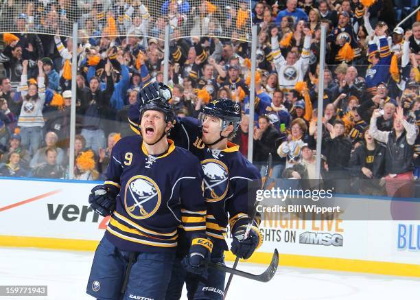 Steve Ott of the Buffalo Sabres celebrates his first period goal with teammate Christian Ehrhoff against the Philadelphia Flyers on January 20, 2013...