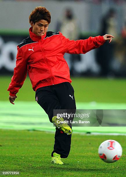 Genki Omae of Duesseldorf warms up during the Bundesliga match between Fortuna Duesseldorf 1895 and FC Augsburg at Esprit-Arena on January 20, 2013...