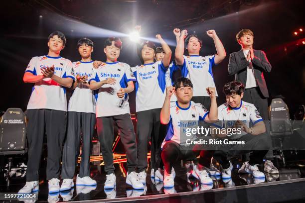 Poses onstage after victory against LOUD at VALORANT Champions Los Angeles Group Stage at the Shrine Expo Hall on August 6, 2023 in Los Angeles,...
