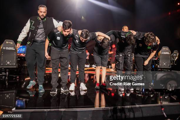 Takes a bow onstage after defeat by DRX at VALORANT Champions Los Angeles Group Stage at the Shrine Expo Hall on August 6, 2023 in Los Angeles,...