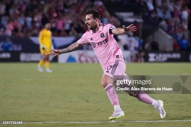 Lionel Messi of Inter Miami CF celebrates after scoring a goal on a free kick in the second half during the Leagues Cup 2023 Round of 16 match...