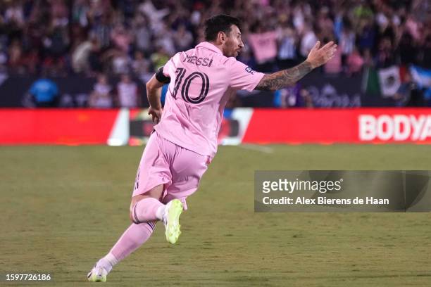 Lionel Messi of Inter Miami CF celebrates after scoring a goal on a free kick in the second half during the Leagues Cup 2023 Round of 16 match...