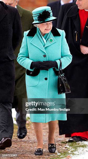 Queen Elizabeth II attends Sunday Service at the Church of St Lawrence in Castle Rising near the Sandringham Estate on January 20, 2013 near King's...