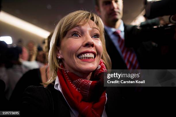 Doris Schroeder-Koepf , gestures after initial poll results gave the Social Democrats 32.6% of the vote during elections in Lower Saxony on January...