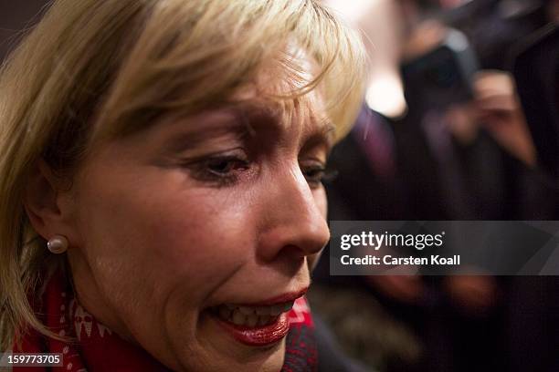 Doris Schroeder-Koepf , gestures after initial poll results gave the Social Democrats 32.6% of the vote during elections in Lower Saxony on January...