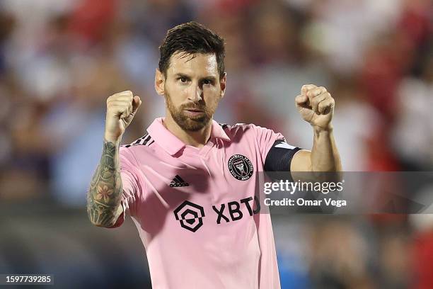 Lionel Messi of Inter Miami CF celebrates after scoring the first penalty kick during the round of 16 Leagues Cup football match between Inter Miami...