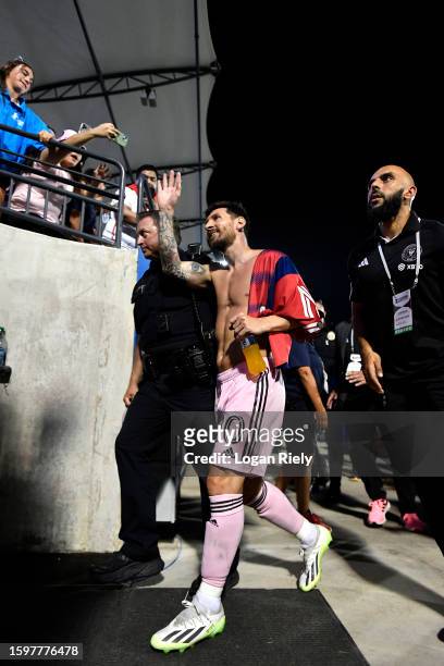 Lionel Messi of Inter Miami CF reacts as he walks back to the locker room after defeating FC Dallas 5-3 in penalty kicks during the Leagues Cup 2023...