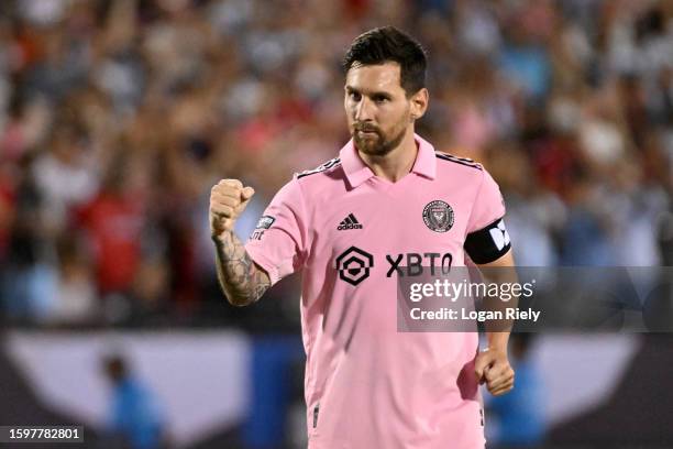 Lionel Messi of Inter Miami CF reacts after making his penalty kick attempt during the Leagues Cup 2023 Round of 16 match between Inter Miami CF and...