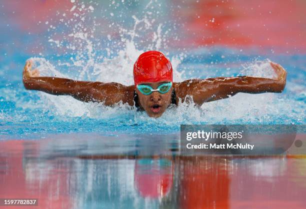 Skye Carter of Team England competes in the Women's 50m Butterfly Final on day two of the 2023 Youth Commonwealth Games at National Aquatic Centre on...