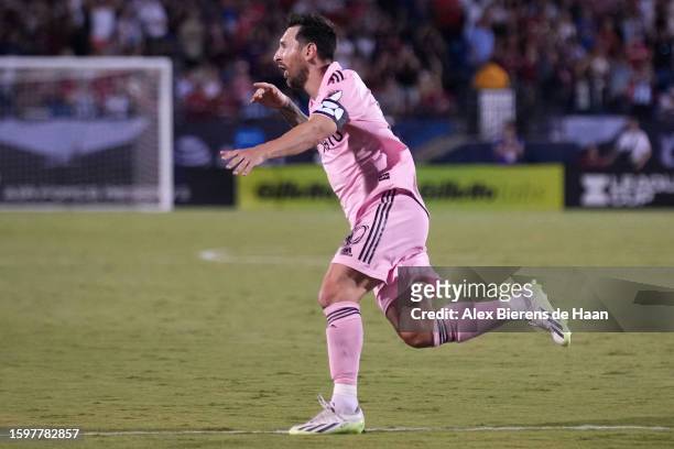 Lionel Messi of Inter Miami CF celebrates after scoring a goal on a free kick in the second half during the Leagues Cup 2023 Round of 16 match...