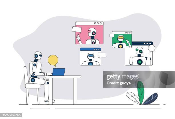 a group of robots are having a video conference. - computer screen mockup office stock illustrations