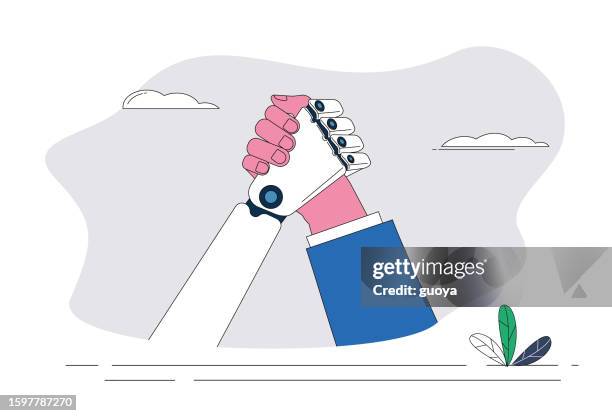 illustrazioni stock, clip art, cartoni animati e icone di tendenza di braccio di ferro tra uomo e robot. - braccio umano