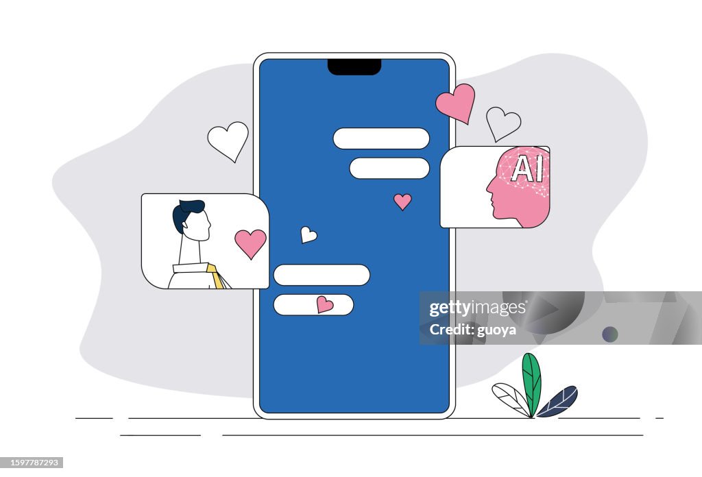Artificial intelligence and white-collar workers are chatting in love on mobile phones.