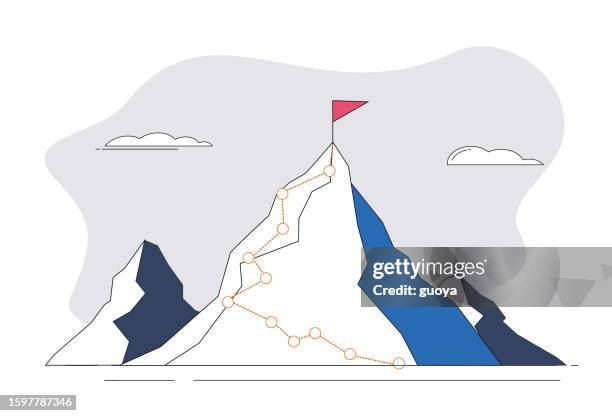 mountains, flags, goals, lines. - mountain peak with flag stock illustrations