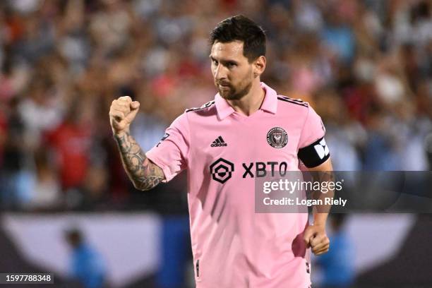 Lionel Messi of Inter Miami CF reacts after making his penalty kick attempt during the Leagues Cup 2023 Round of 16 match between Inter Miami CF and...