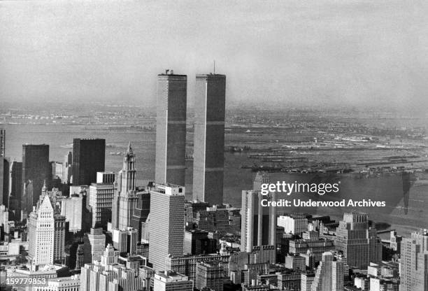 The recently completed World Trade Center twin towers with Staten Island in the background, New York, New York, August 5, 1972.