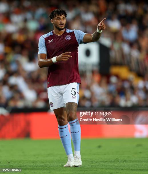 Tyrone Mings of Aston Villa in action during a Pre Season Friendly match between Valencia CF and Aston Villa at Estadio Mestalla on August 05, 2023...