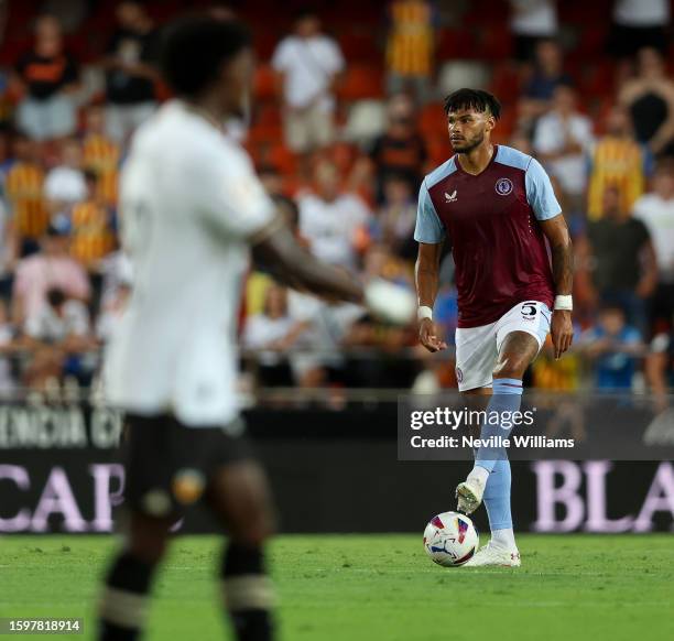 Tyrone Mings of Aston Villa in action during a Pre Season Friendly match between Valencia CF and Aston Villa at Estadio Mestalla on August 05, 2023...