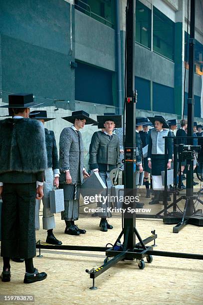 Models are seen backstage before the Thom Browne Menswear Autumn / Winter 2013/14 show as part of Paris Fashion Week on January 20, 2013 in Paris,...