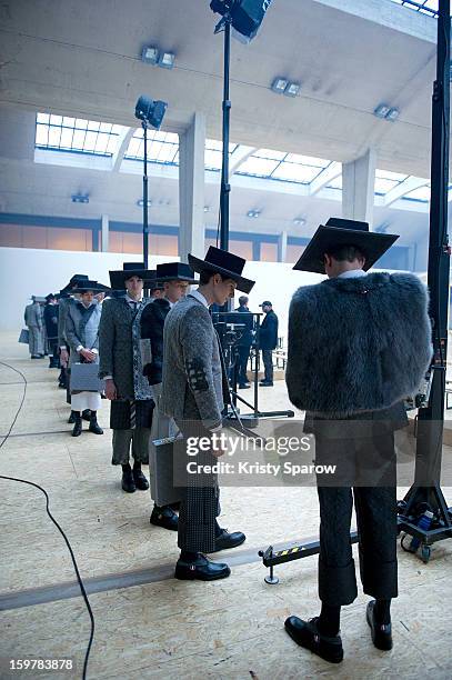 Models are seen backstage before the Thom Browne Menswear Autumn / Winter 2013/14 show as part of Paris Fashion Week on January 20, 2013 in Paris,...