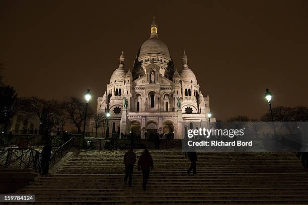 Snow covers the ground of the Sacre Coeur stairs on January 19 in Paris, France. Heavy snowfall fell throughout Europe and the UK causing travel...