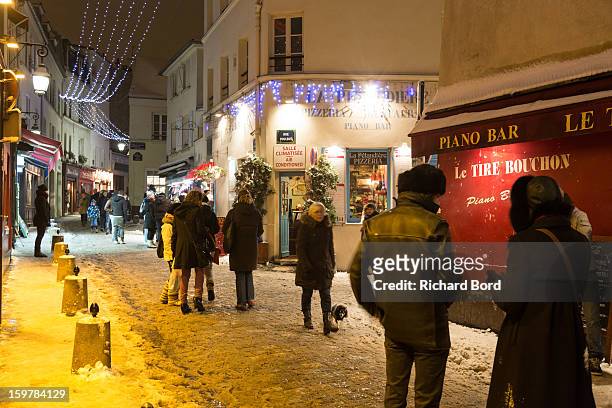 Snow covers the ground of Montmartre neighborhood on January 19 in Paris, France. Heavy snowfall fell throughout Europe and the UK causing travel...