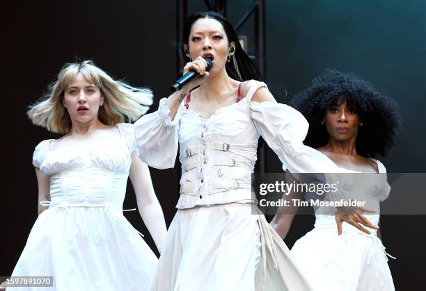 Rina Sawayama performs during Lollapalooza at Grant Park on August 06, 2023 in Chicago, Illinois.