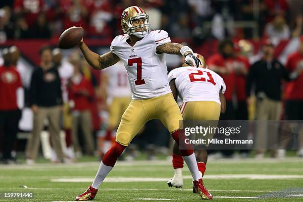 Quarterback Colin Kaepernick of the San Francisco 49ers passes the ball in the second quarter against the Atlanta Falcons in the NFC Championship...