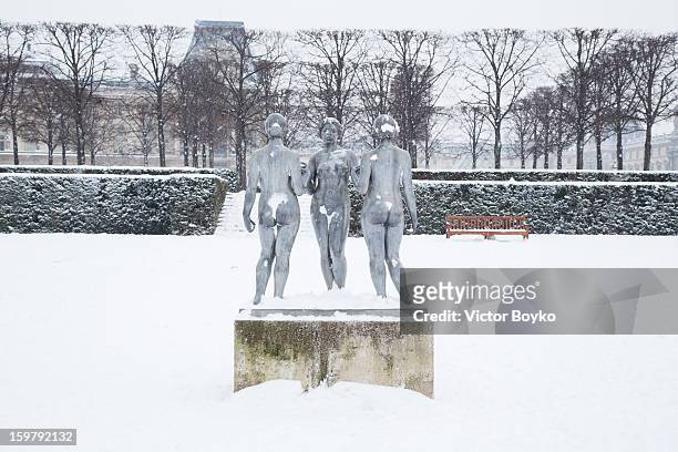 Statues are covered with snow on January 20, 2013 in Paris, France. Heavy snowfall fell throughout Europe and the UK causing travel havoc and white...
