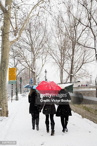 People walk in the snow covered the streets on January 20, 2013 in Paris, France. Heavy snowfall fell throughout Europe and the UK causing travel...