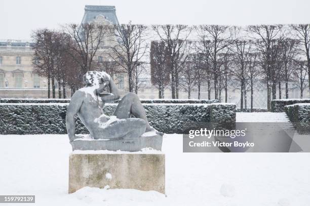 Statues are covered with snow on January 20, 2013 in Paris, France. Heavy snowfall fell throughout Europe and the UK causing travel havoc and white...