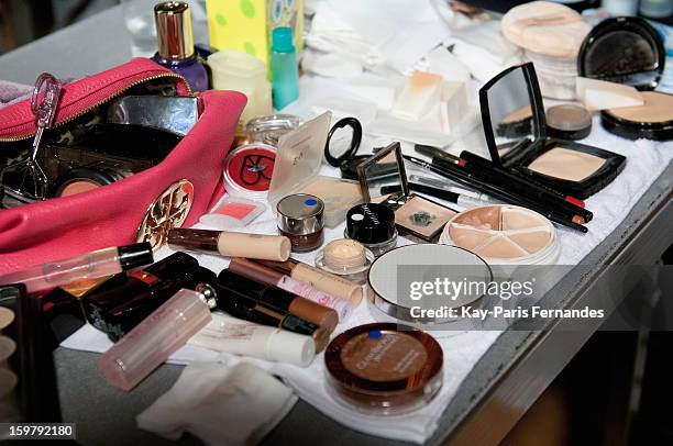 Detail of make-up backstage during the Rynshu Men Autumn / Winter 2013 show as part of Paris Fashion Week on January 20, 2013 in Paris, France.